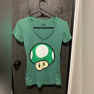 Women’s small Super Mario green mushroom v neck.